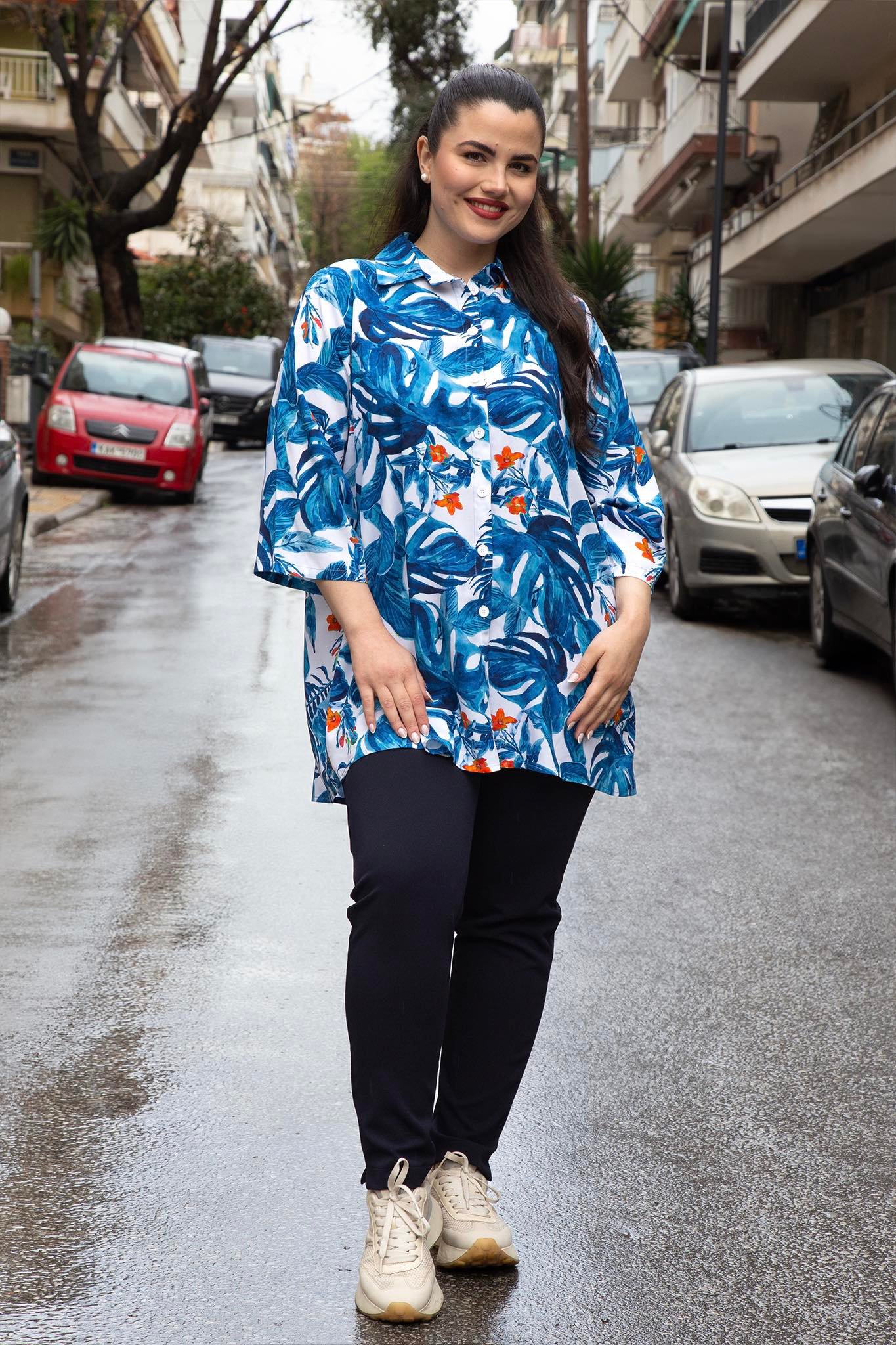 ΠΟΥΚΑΜΙΣΟ FLORAL ΣΕ ΕΛΑΦΡΩΣ ΑΛΦΑ ΓΡΑΜΜΗ ΚΑΙ 3/4 ΜΑΝΙΚΙ - Image 5